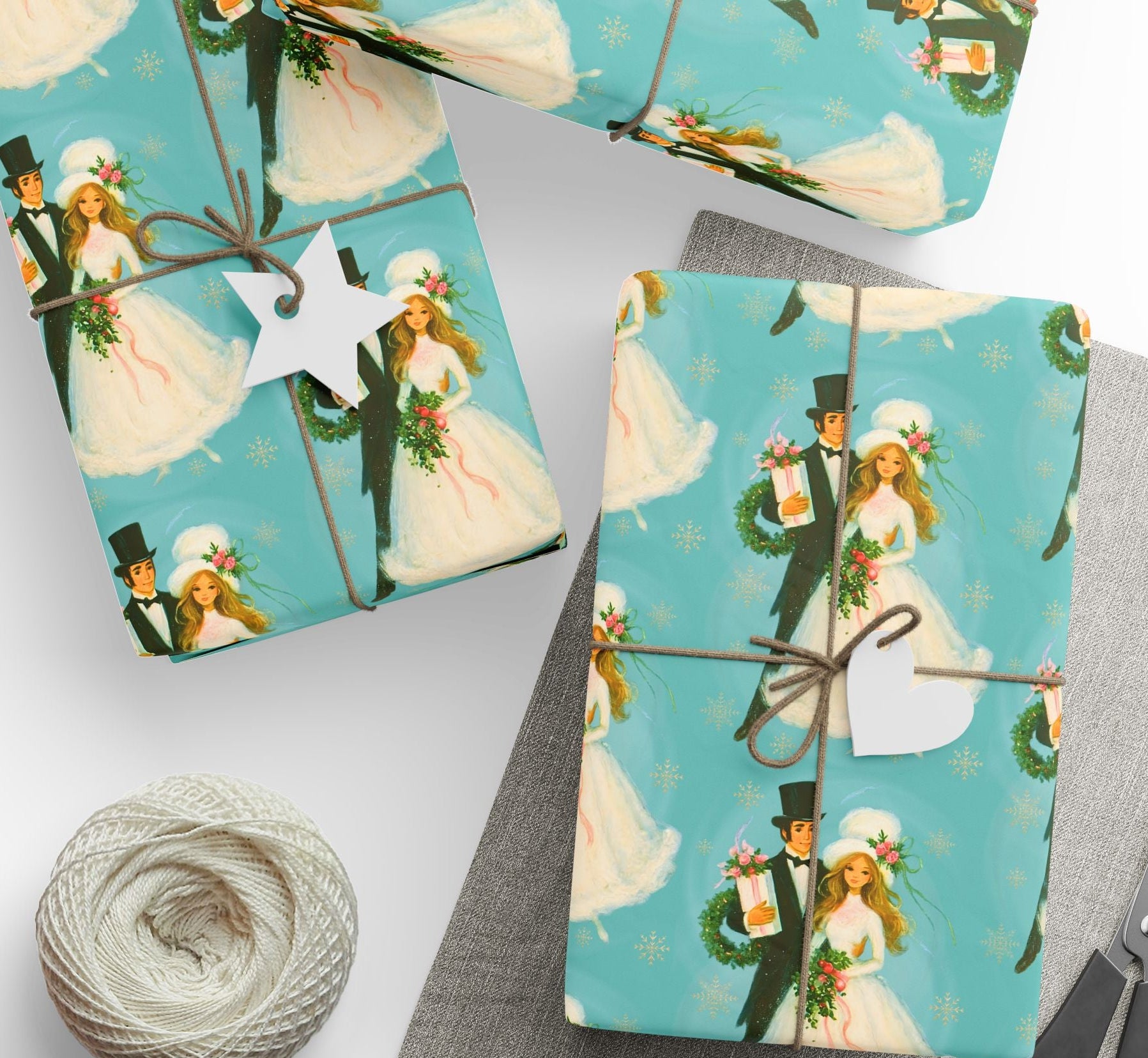 Presents wrapped in a 1960s inspirited wrapping paper featuring a retro bride and groom in winter wedding wear on a turquoise background.