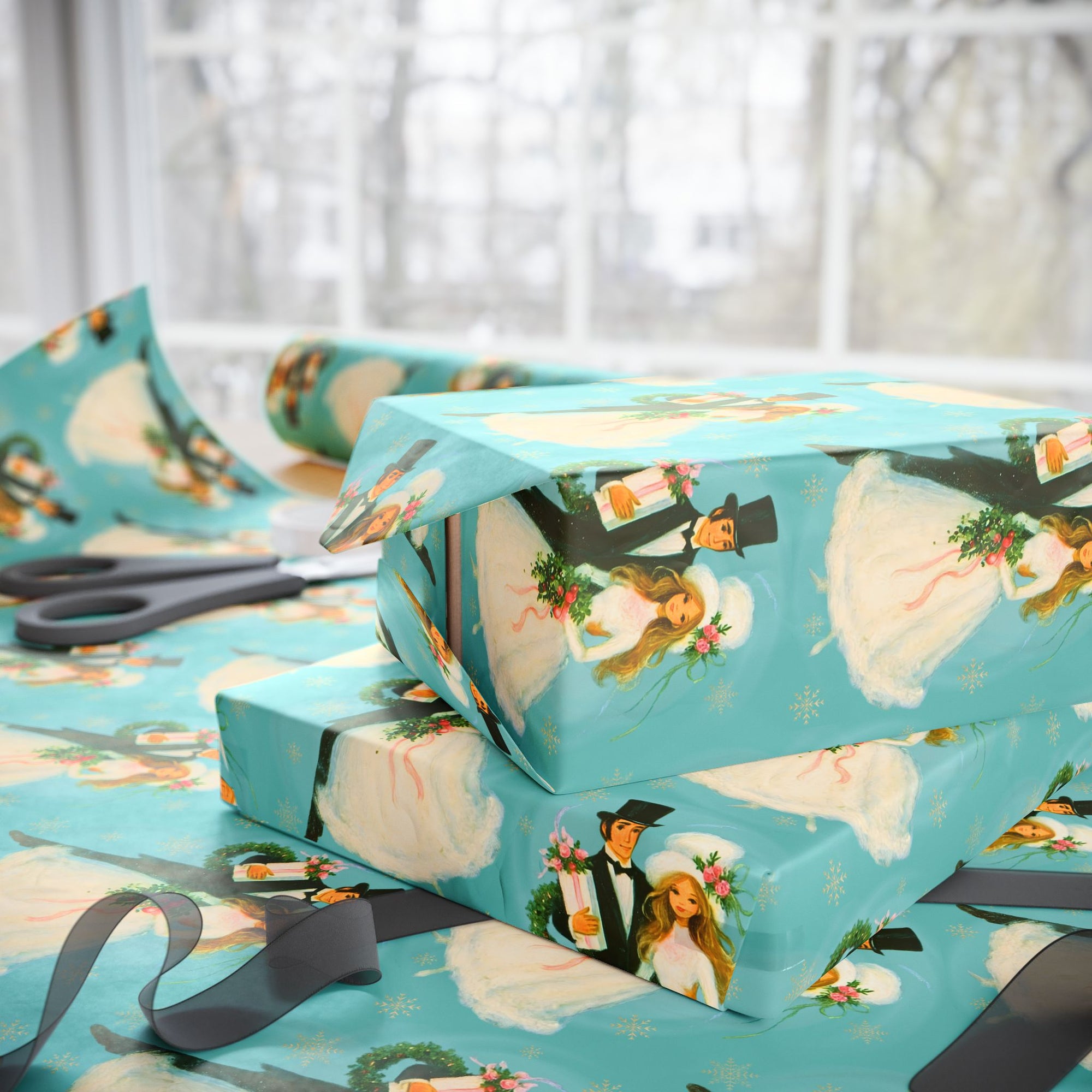 1960s inspirited wrapping paper featuring a retro bride and groom in winter wedding wear on a turquoise background