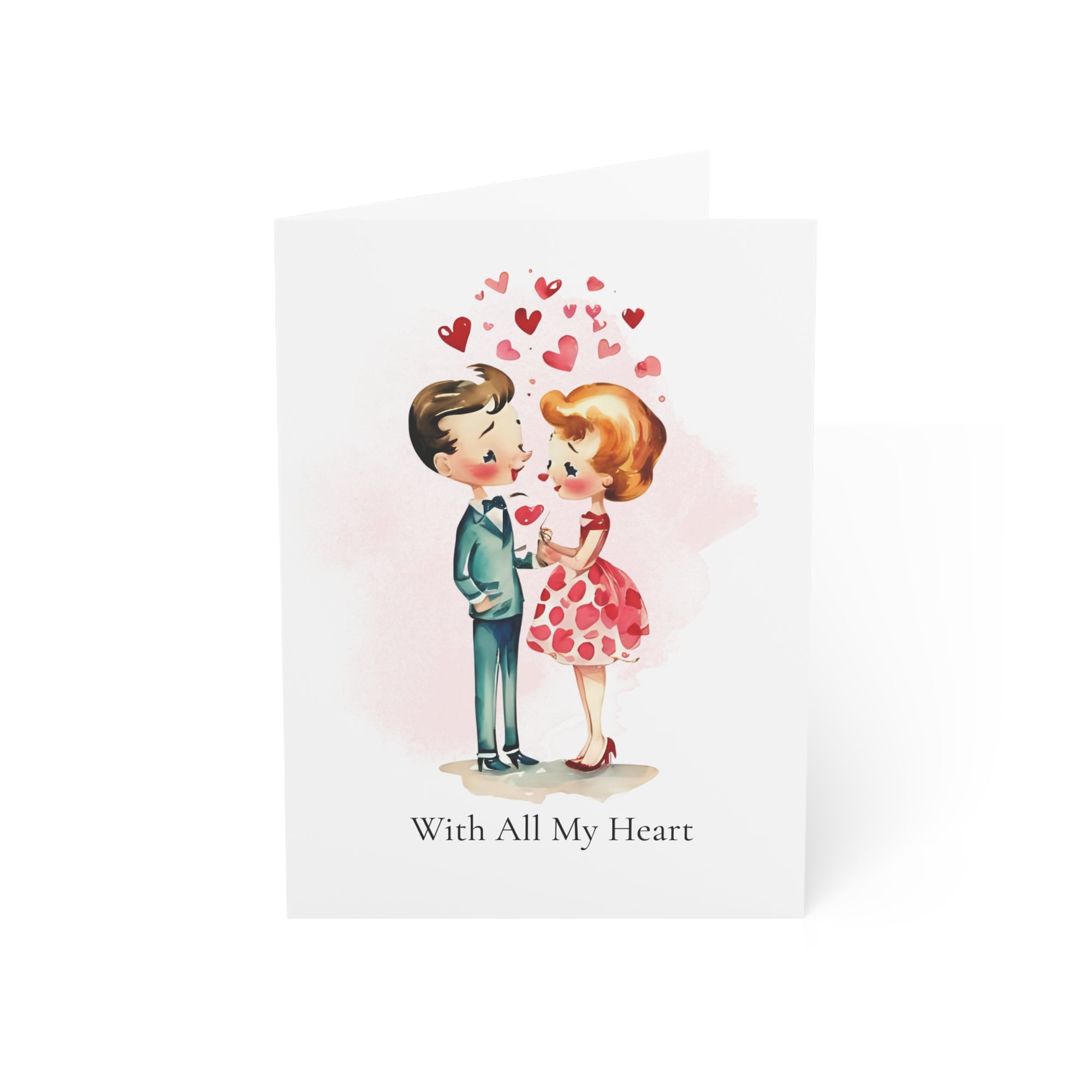 Illustration of a couple embracing with hearts above, on a white background.