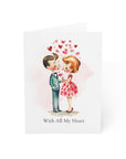Illustration of a couple embracing with hearts above, on a white background.