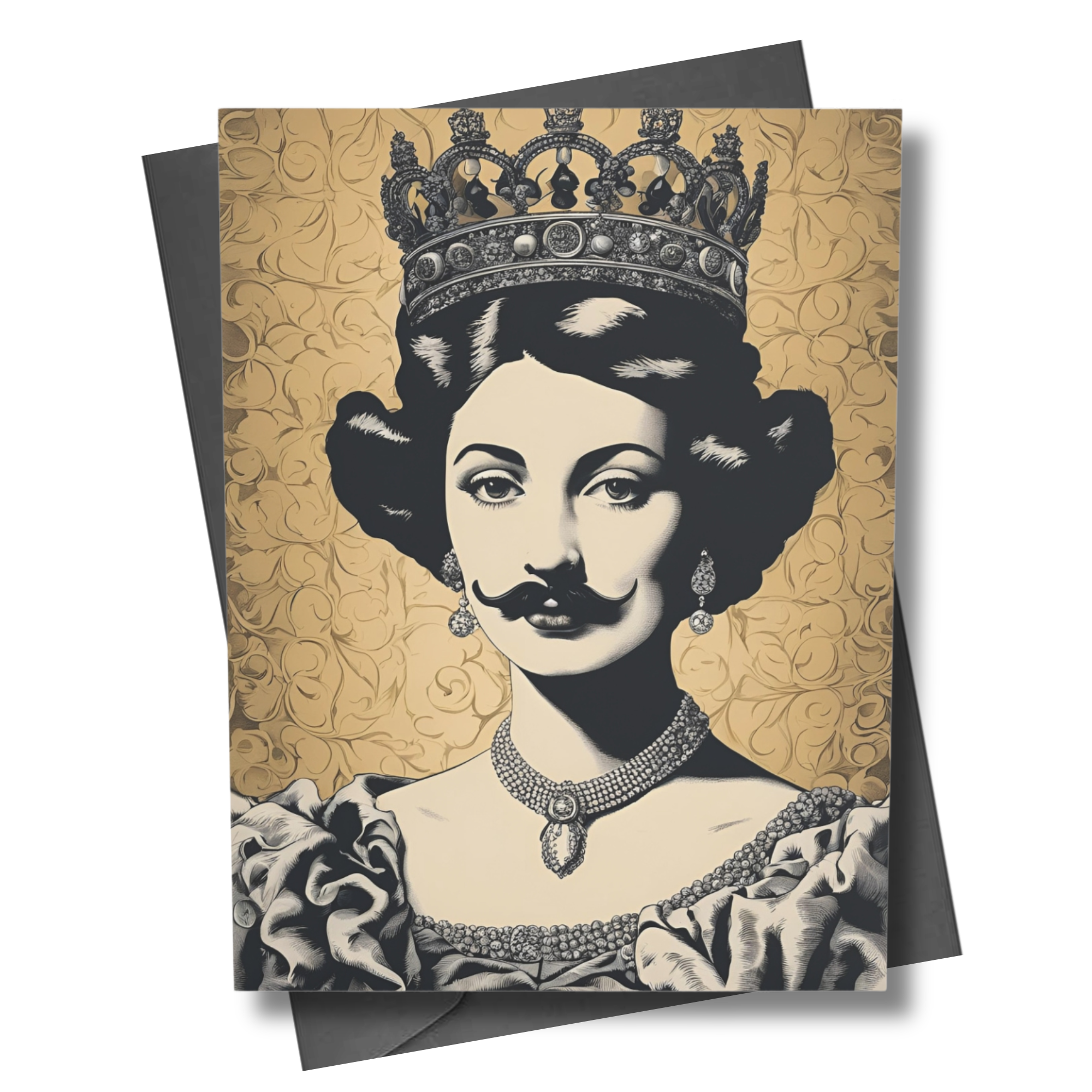 Card with a stylized illustration of a woman wearing a crown, jewelry and a mustache on a decorative background
