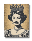 Artistic depiction of a woman with a crown and decorative attire on a patterned background