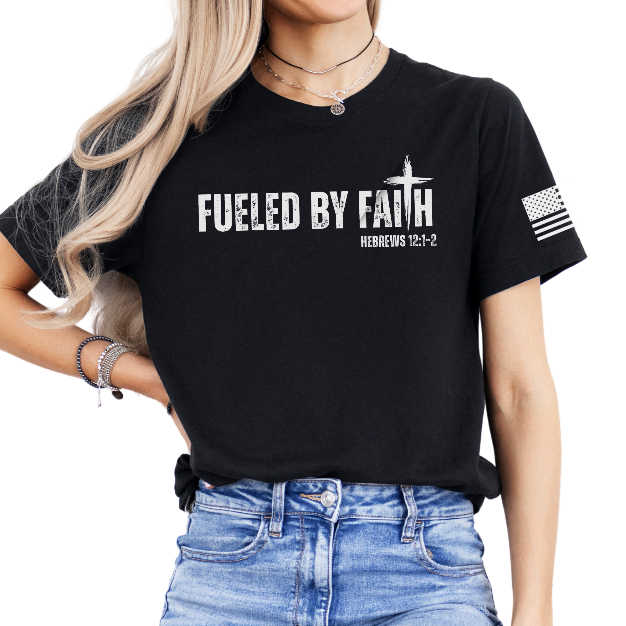 Black t-shirt with 'Fueled By Faith' text  and a bible verse 'Hebrews 12:1-2' worn by a woman