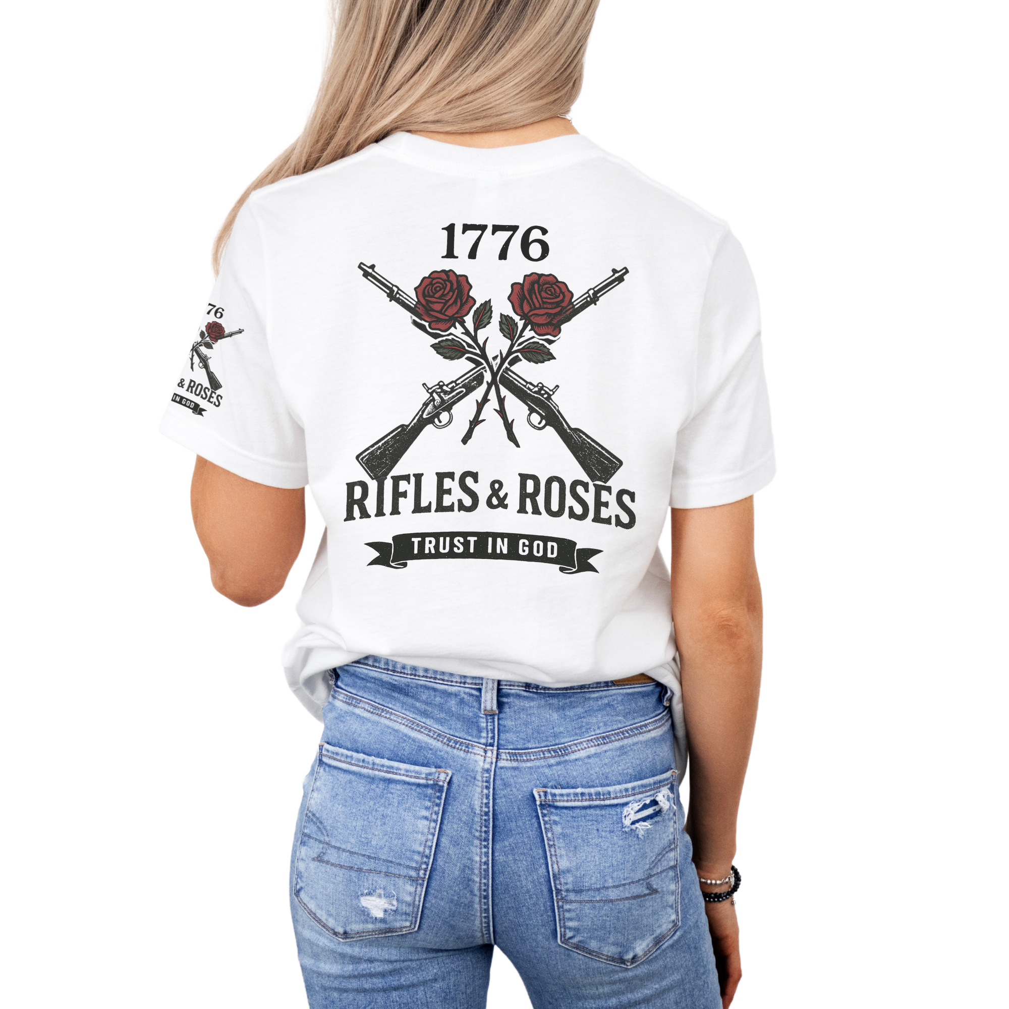 woman wearing a white t-shirt with 1776 Rifles & Roses Trust In God design on the back.