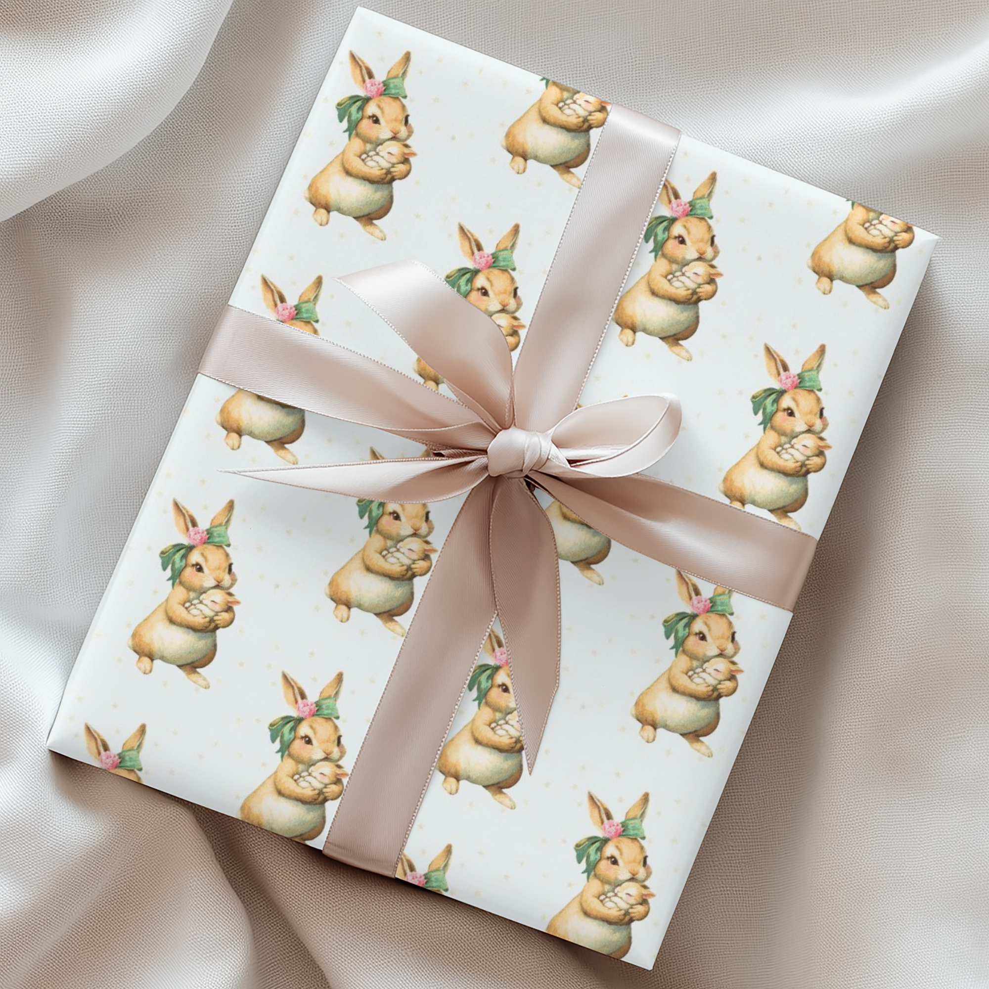 baby shower wrapping paper with bunny mother holding baby woodland design.