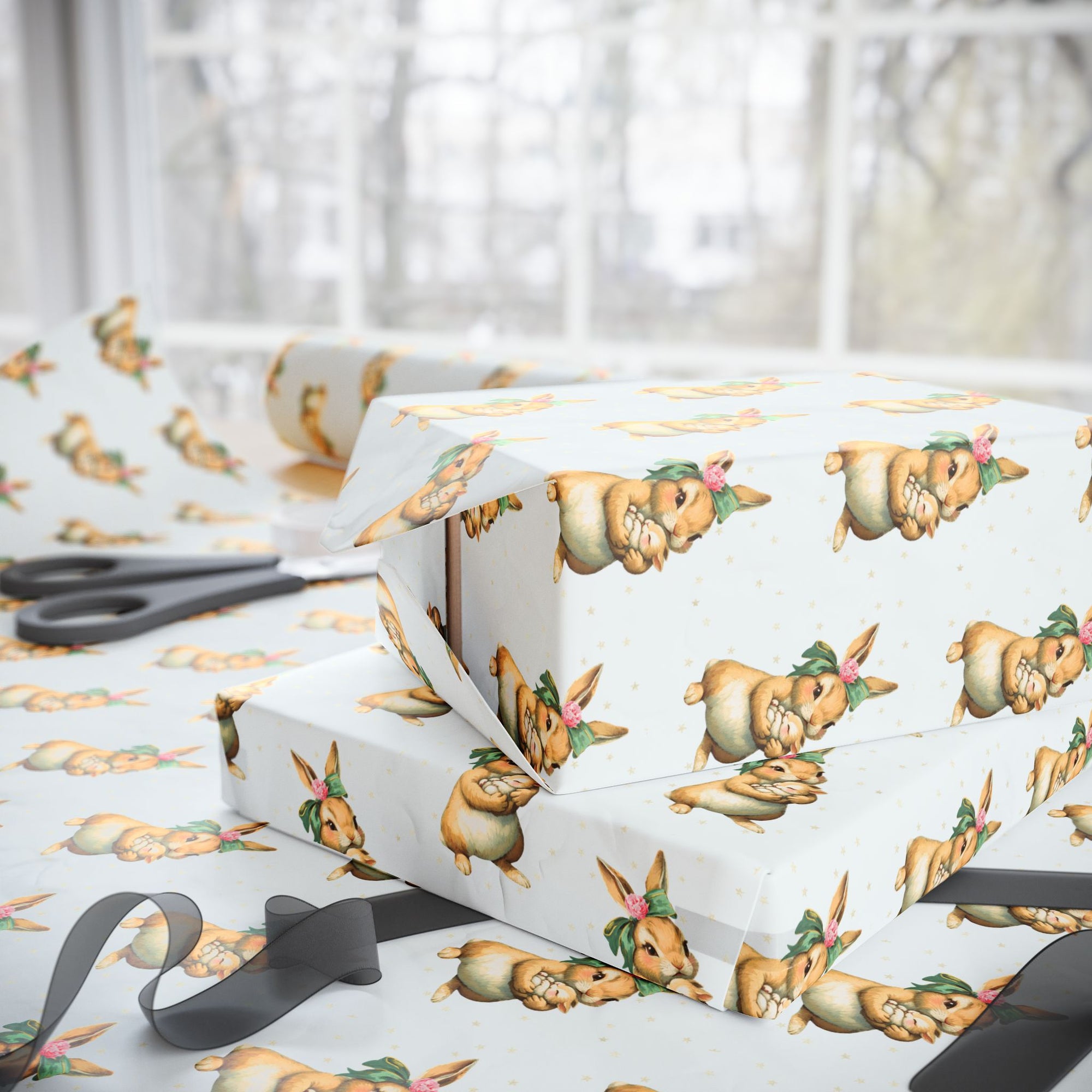 vintage bunny wrapping paper with mother and baby illustration for baby shower.