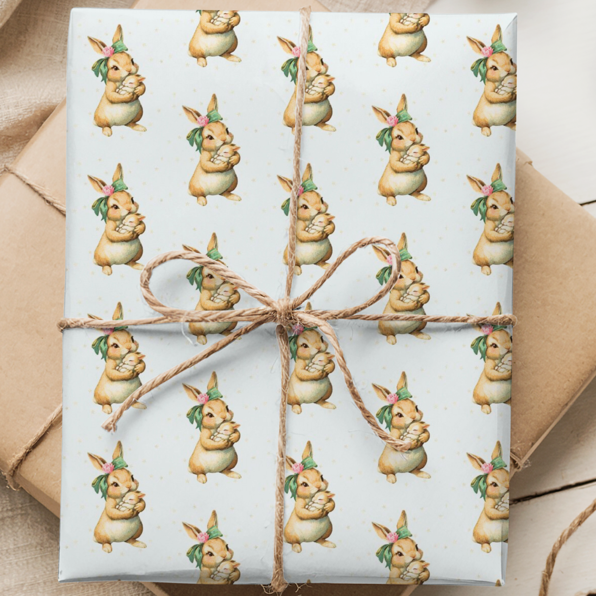 Newborn gift wrap featuring woodland bunny mother and baby pattern.