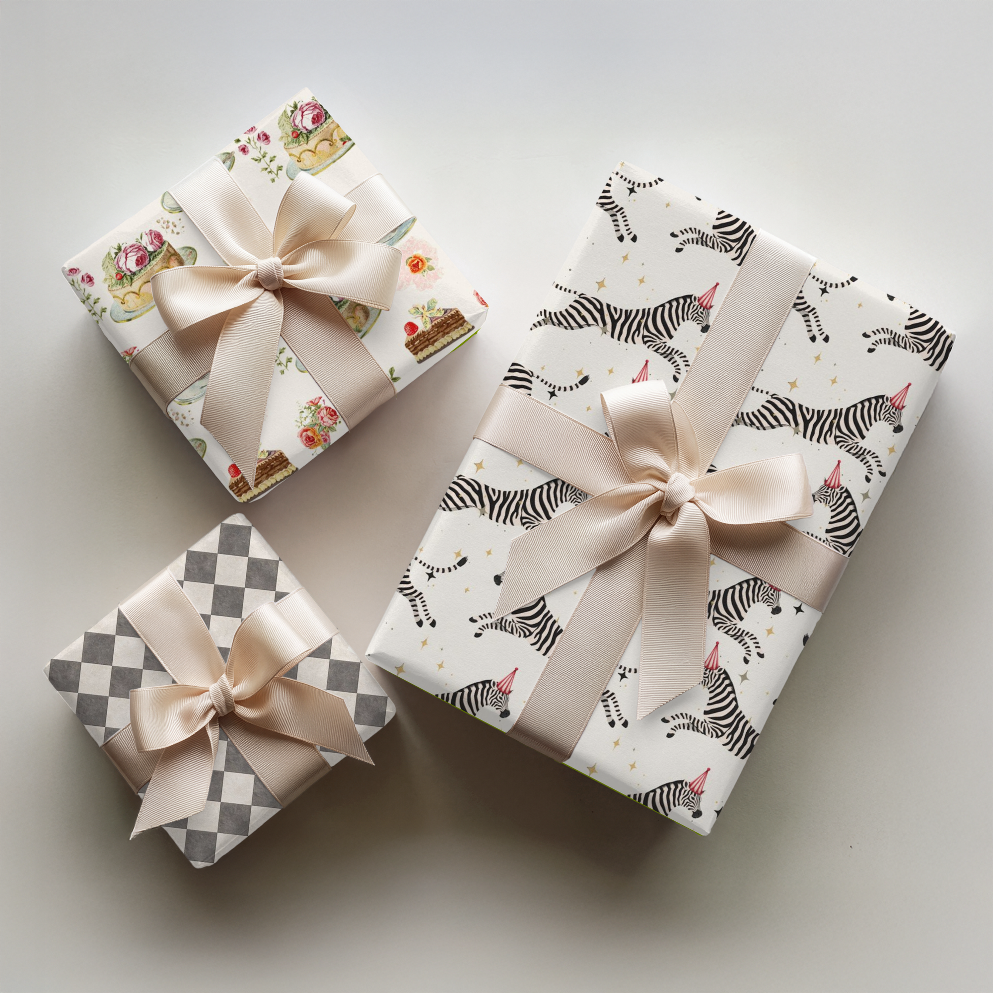 Wrapping paper featuring vintage desserts, birthday zebras and gilded age designs.