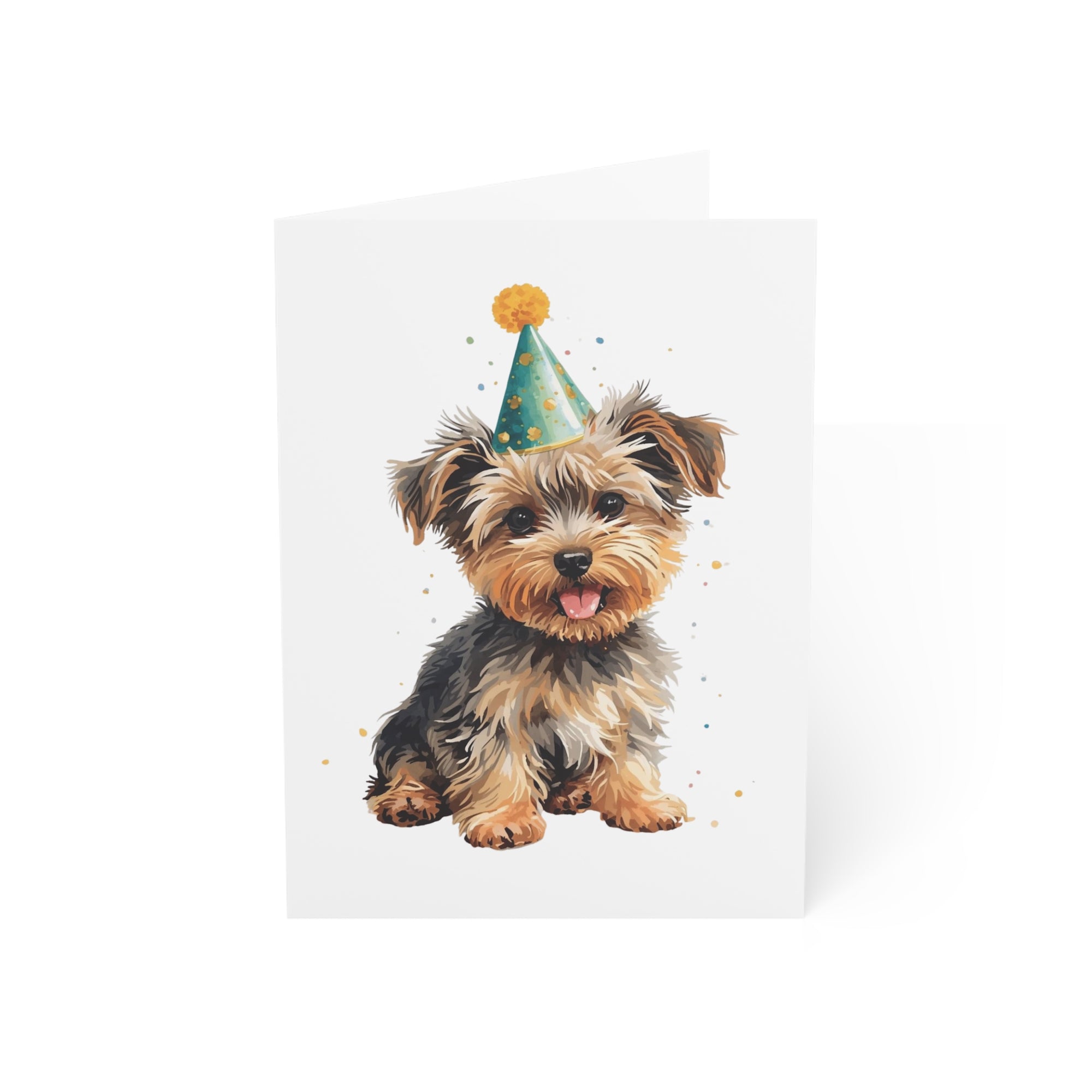 Card illustration of a yorkie dog wearing a party hat on a white background