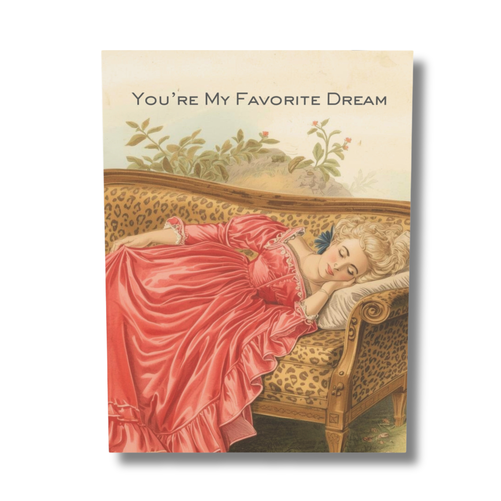 Vintage-style illustration of a woman in a pink dress lying on a leopard print sofa with text 'You're My Favorite Dream'.