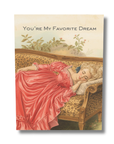 Vintage-style illustration of a woman in a pink dress lying on a leopard print sofa with text 'You're My Favorite Dream'.