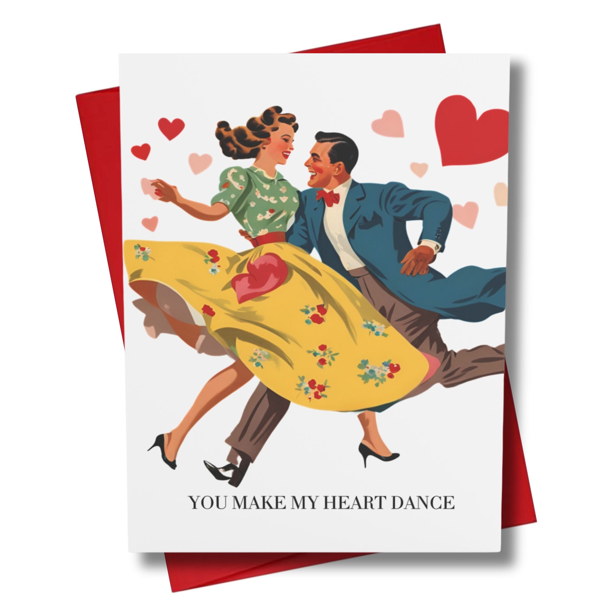 Valentine's Day card with vintage-style illustration of a couple dancing, surrounded by hearts and text that says 'you make my heart dance'