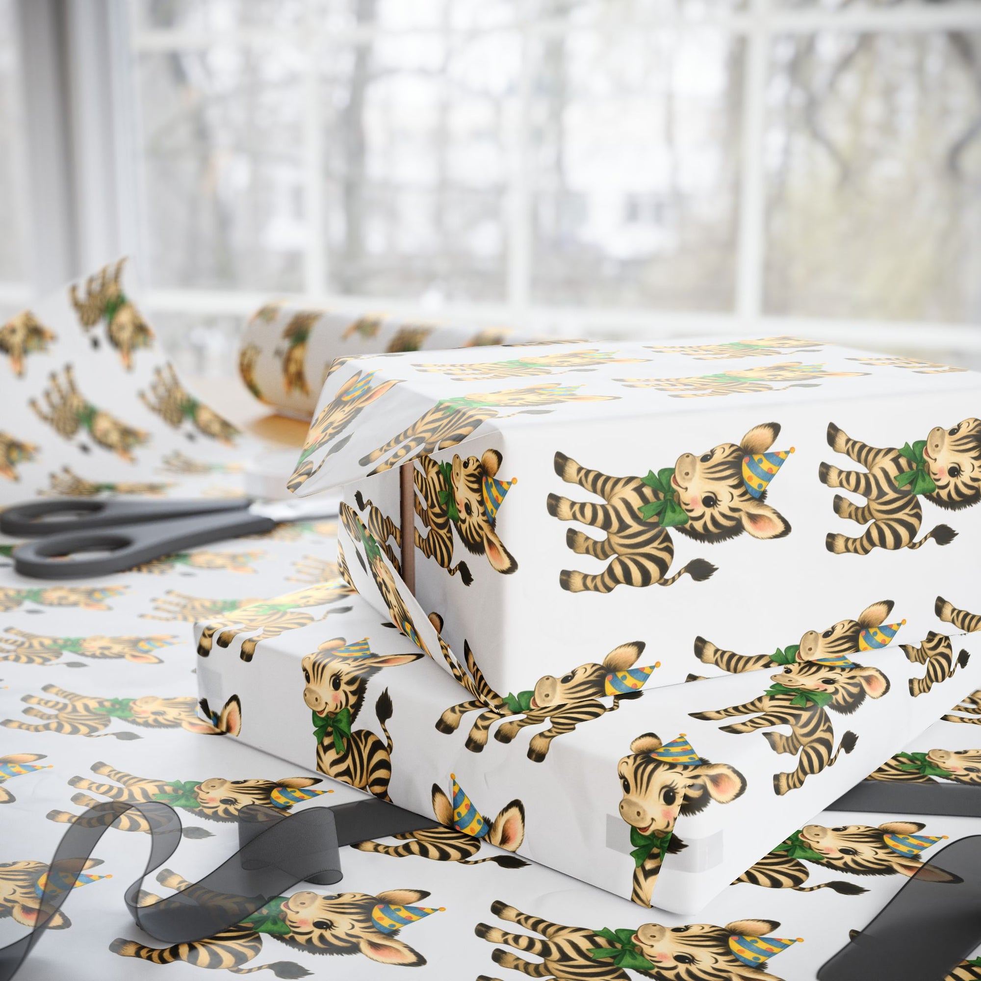 childrens retro wrapping paper featuring a zebra wearing a party hat and bow on a white background