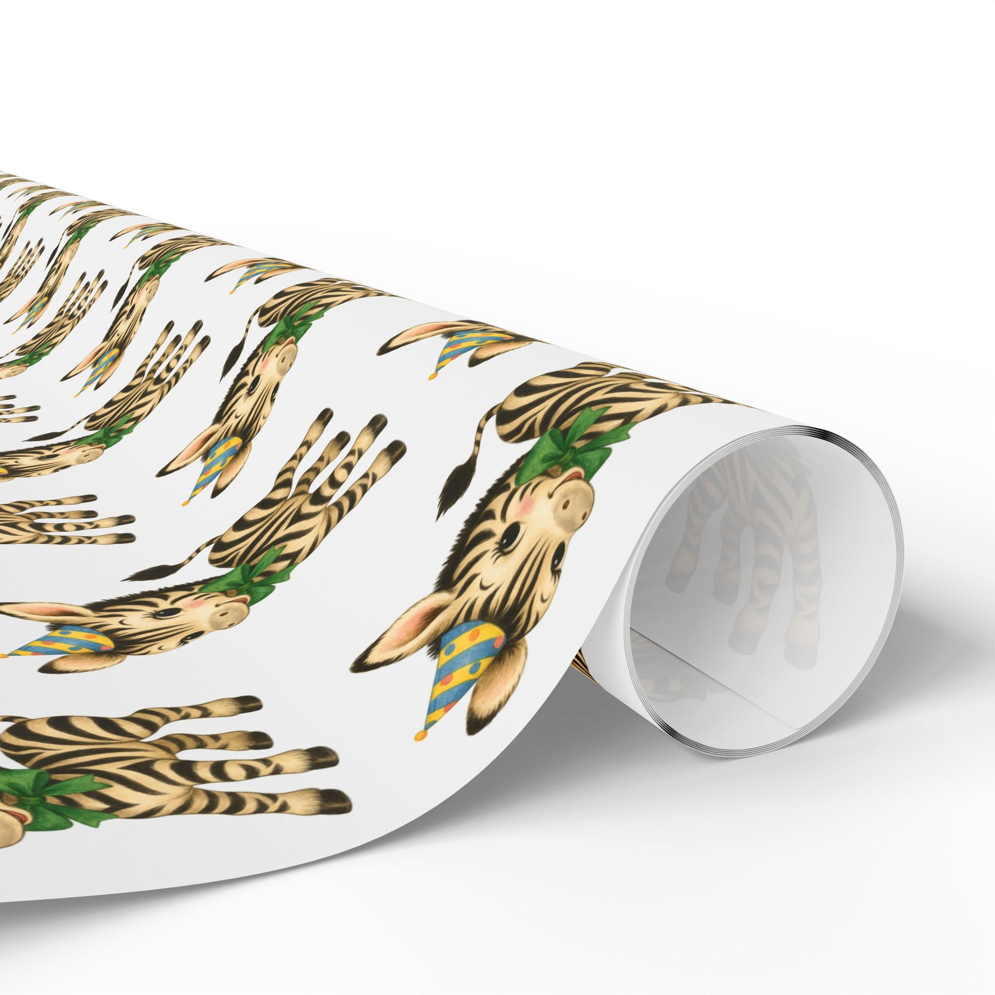 childrens retro wrapping paper roll featuring a zebra wearing a party hat and bow on a white background