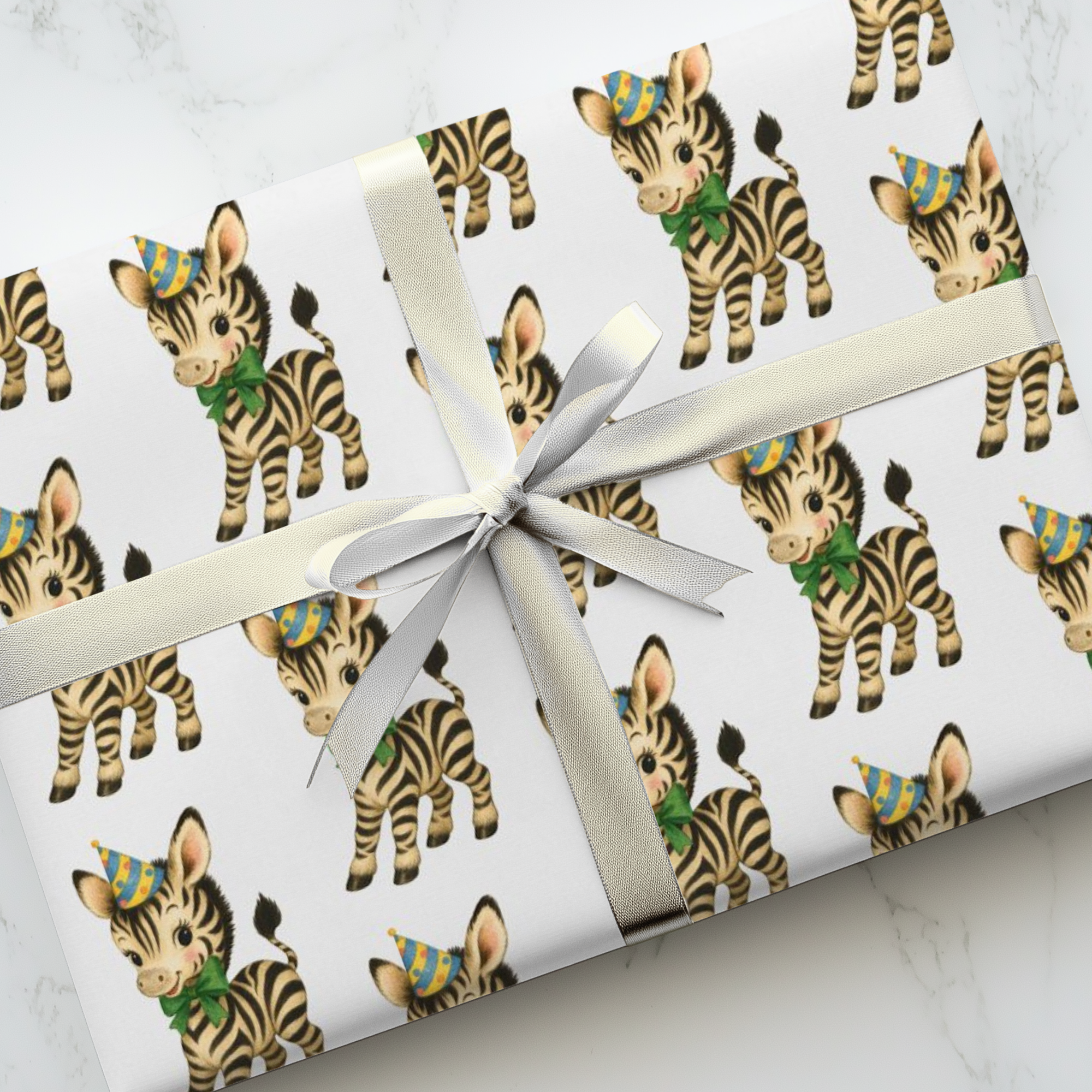 childrens retro wrapping paper featuring a zebra wearing a party hat and bow on a white background